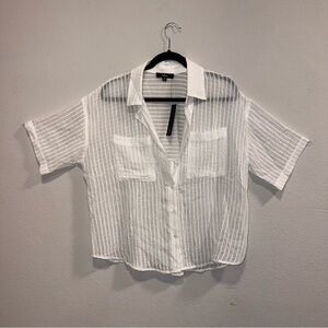 Lulus Effortless Fit Sheer Burnout Striped Button Up Top, size Medium
